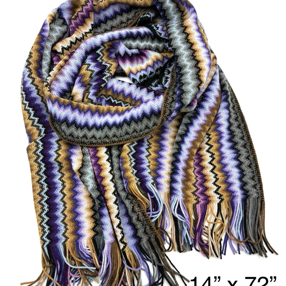 Missoni Multicolor Zigzag Scarf with Purple Colors and Fringes 14”x72”